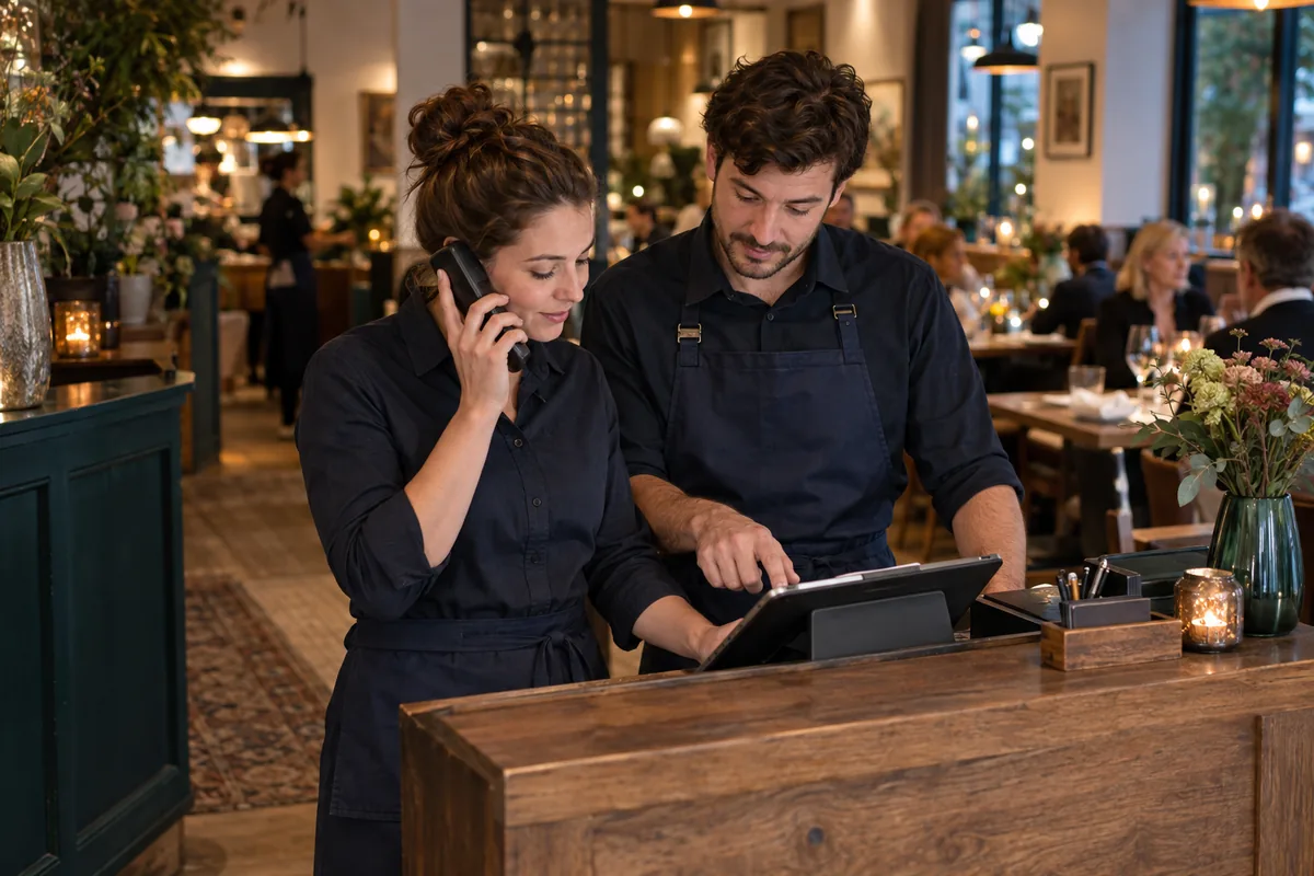 Illustration: Zwei Servicekräfte stimmen eine Telefonreservierung am Empfang eines Restaurants ab.